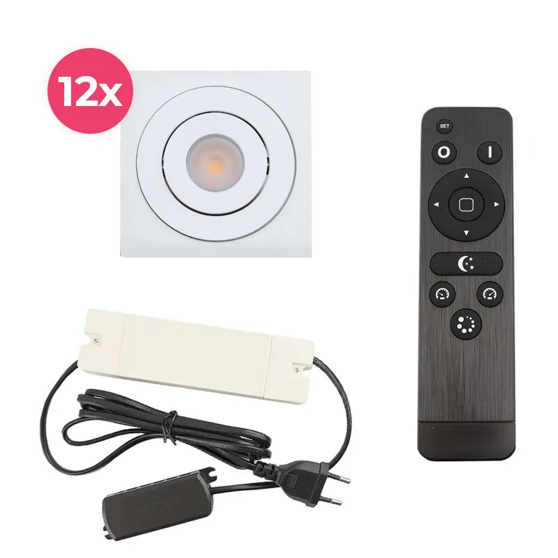 12 kantelbare veranda spots Rona vierkant, IP44, met aansluitset en afstandsbediening, wit
