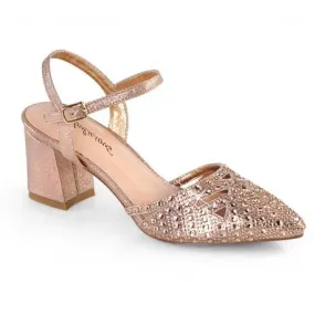 Open Rose Gold Strass-Encrusted Square Heel Pumps