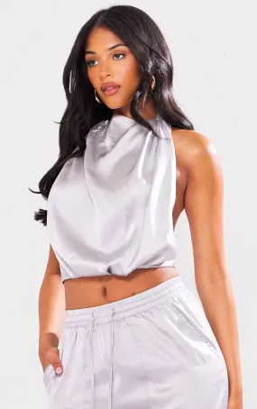 Grey Satin Banded Neckline Top