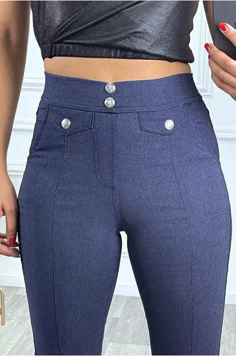 High-waisted navy slim pants with buttons and faux pocket