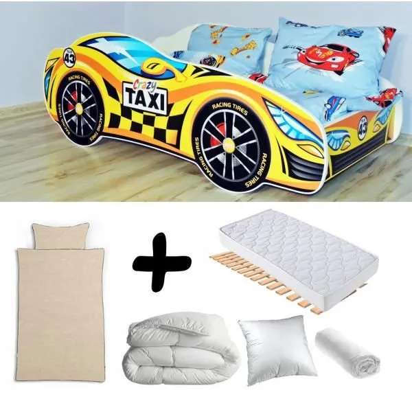 Lit enfant voiture Racing Taxi Jaune - Pack complet avec matelas et literie 5 pièces