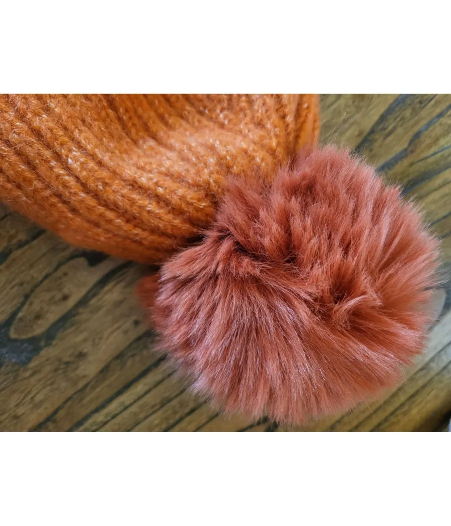Orange Faux Fur Pom Pom Santa Hat with Polar Fleece Lining and Rhinestone Star