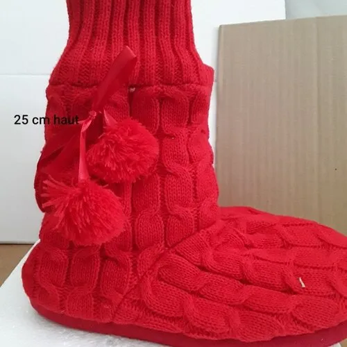 Red Wool Slipper Socks with Non-Slip Soles, Pom-Poms, Mohair Lining - Size 38/39