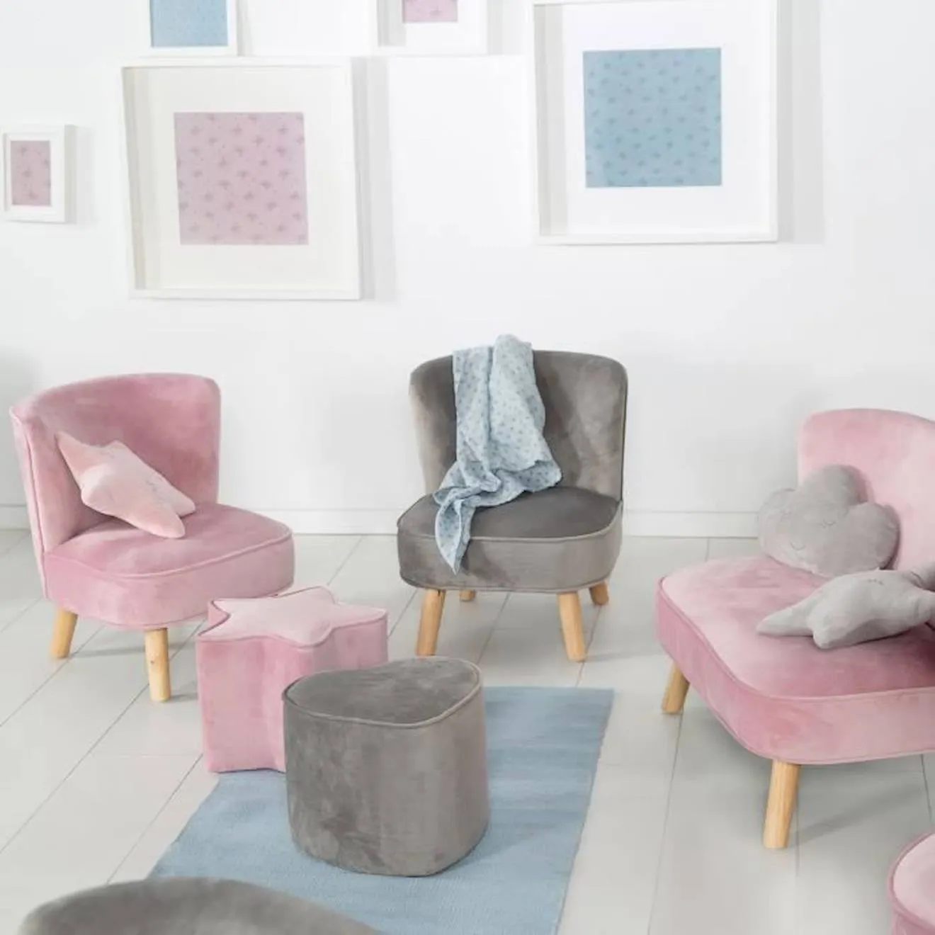 ROBA Velvet Lil Children's Armchair - Scandinavian Style - Solid Wood Legs - Gray - Roba