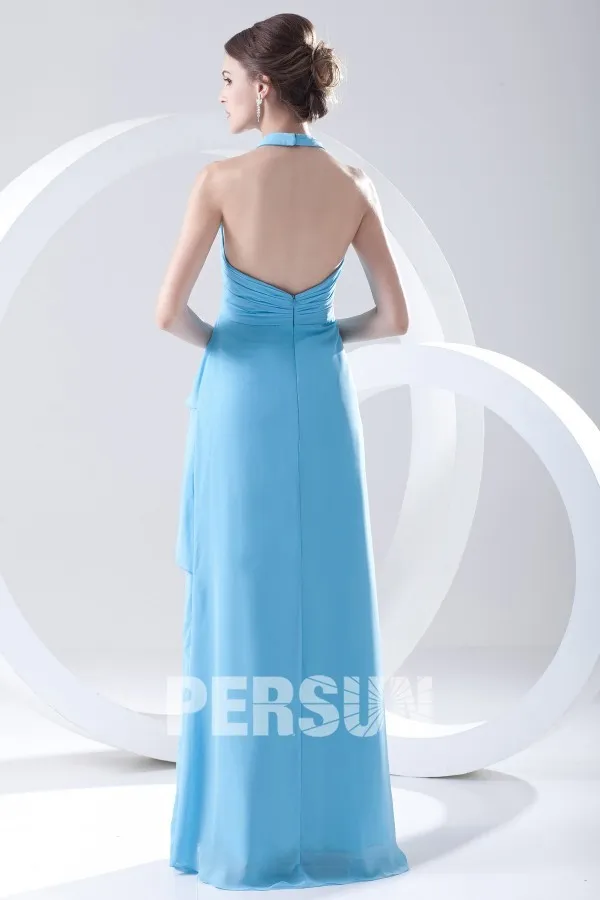 Blue wrap dress with American collar and asymmetrical hem.