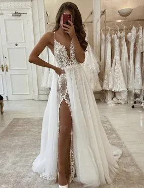 A Line V-Neck Spaghetti Straps Wedding Dress with Slit