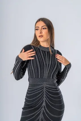 Tight-Fit Rhinestone Long Sleeve Black Dress