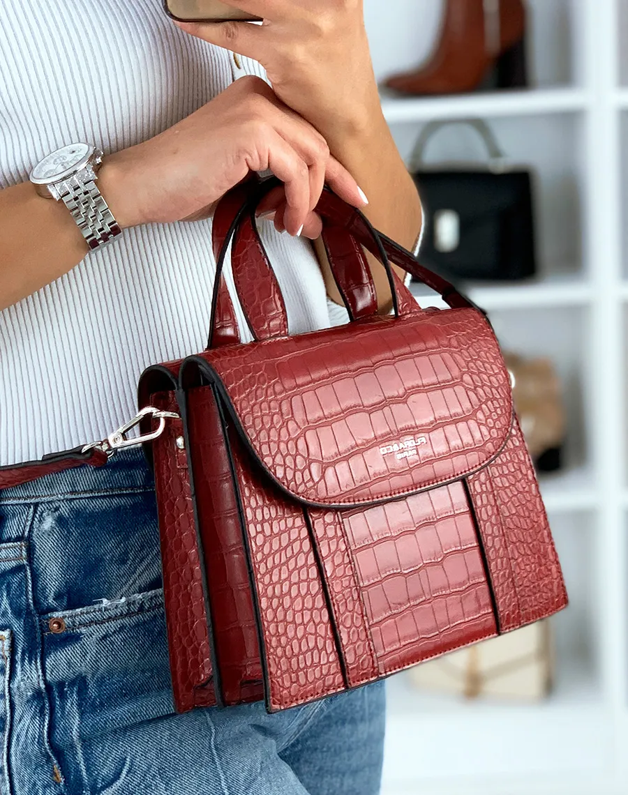 Red Croc Effect Trapezoid Double Opening Handbag