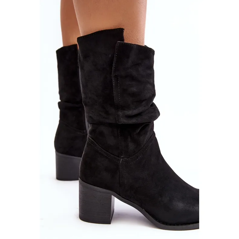 Women's Insulated Boots with Ruched Shaft on High Heel, Black Shavy Black